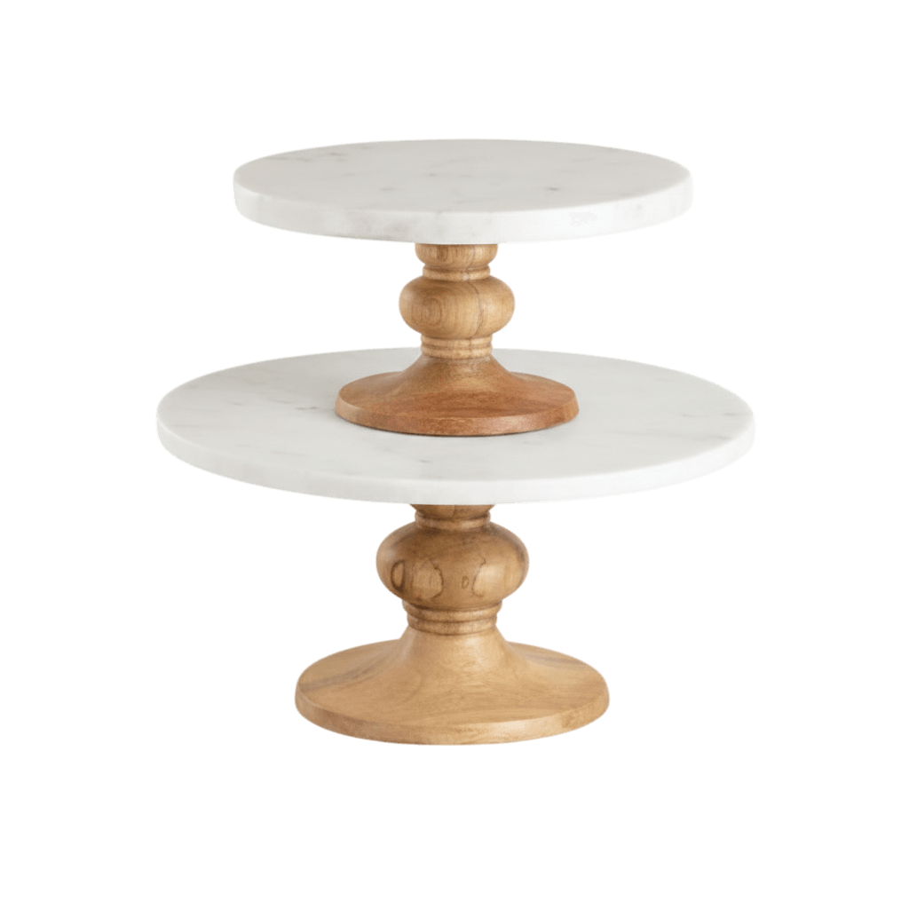MARBLE & WOOD ROUND CAKE STAND (NATURAL) SET OF 2